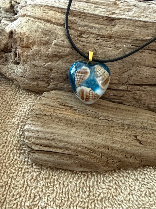 Hand Crafted Jewelry - Hand Crafted Resin Blue Heart Shell Pendant Necklace